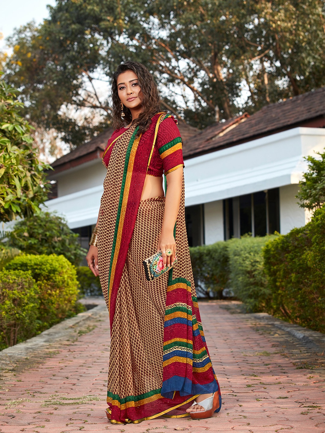 

all about you Beige & Red Ethnic Motif Zari Pure Chiffon Saree With Blouse Piece