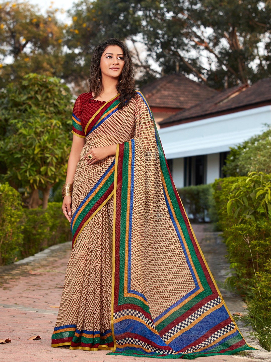 

all about you Cream-Coloured & Red Floral Printed Embellished Pure Chiffon Saree