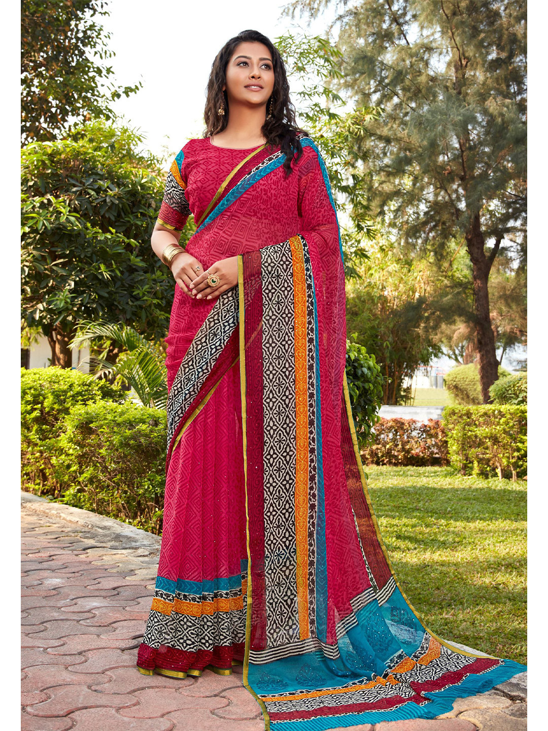 

all about you Pink & White Ethnic Motif Zari Pure Chiffon Saree With Blouse Piece