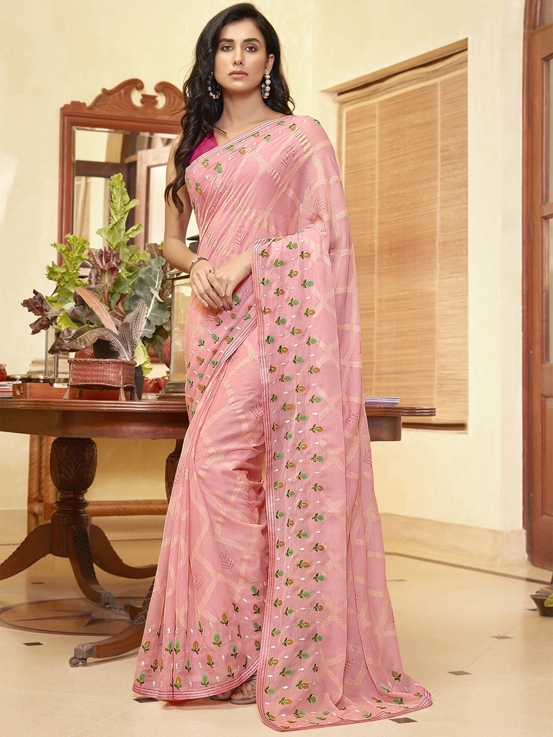 

all about you Pink & Green Checked Embroidered Pure Chiffon Saree