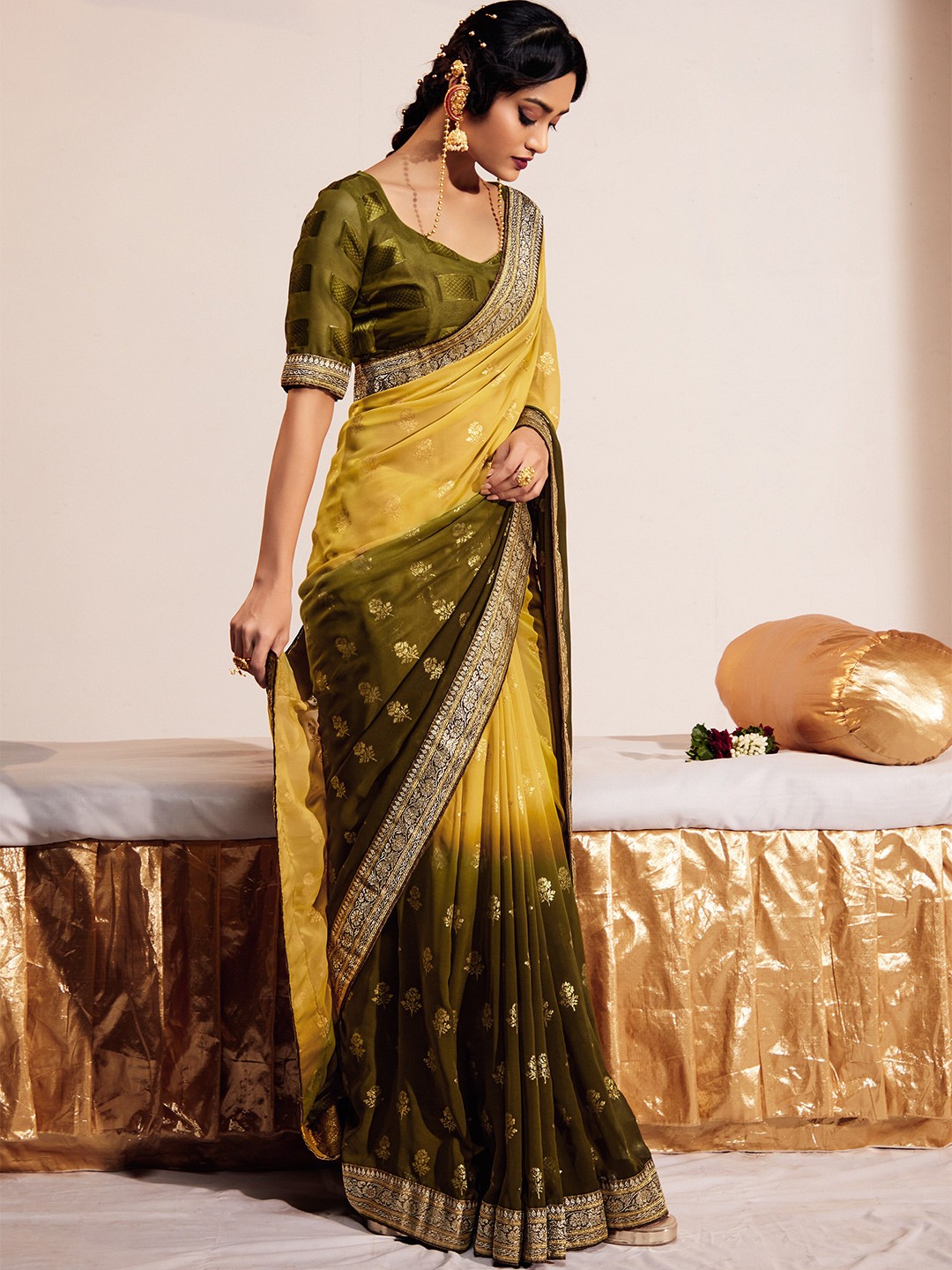 

all about you Mustard & Olive Green Floral Printed Zari Pure Georgette Saree