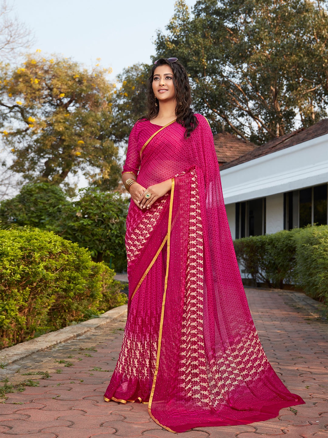 

all about you Pink & White Geometric Printed Zari Pure Chiffon Saree