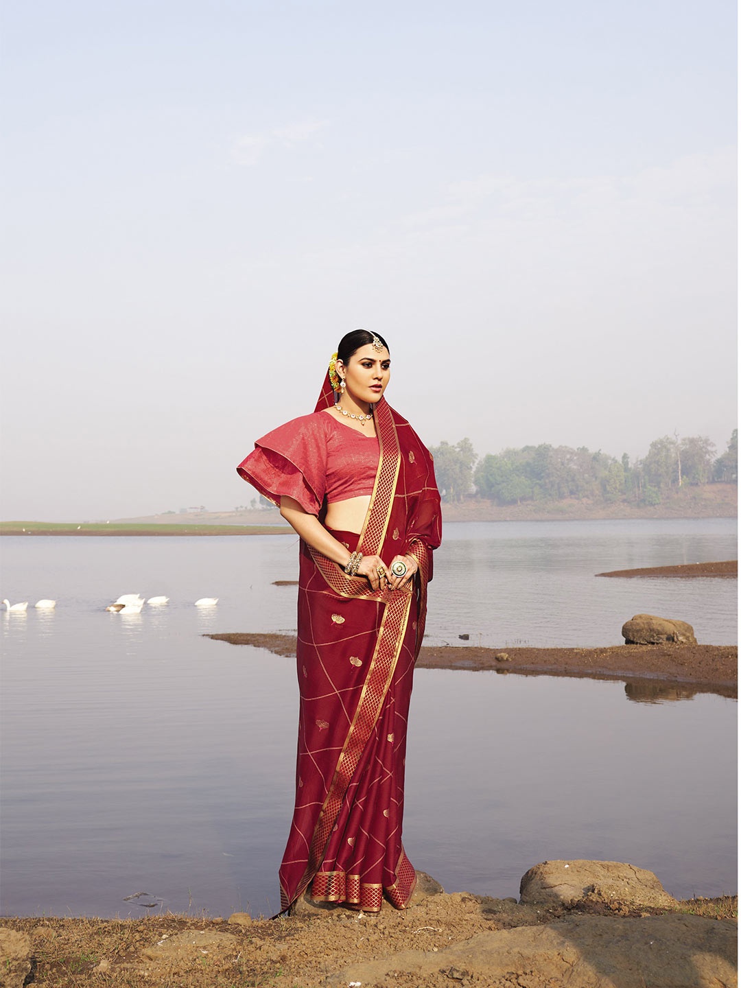 

all about you Maroon & Gold Ethnic Motif Zari Pure Chiffon Saree With Blouse Piece