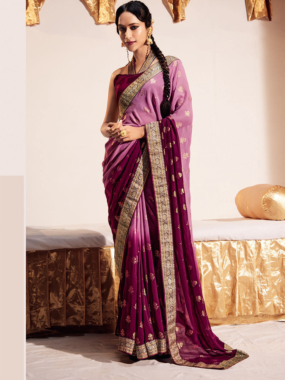 

all about you Pink & Purple Floral Woven Design Zari Pure Georgette Saree