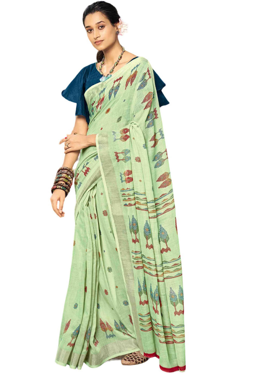 

all about you Green & Red Ethnic Motifs Zari Pure Linen Saree