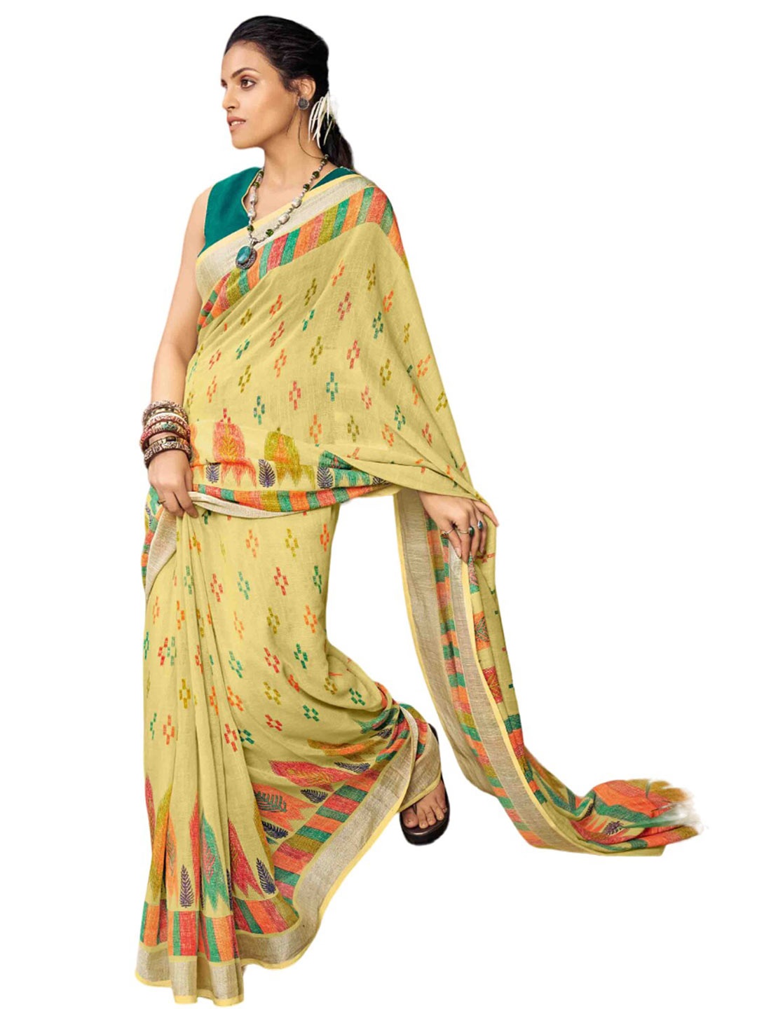 

all about you Yellow & Orange Ethnic Motif Woven Design Zari Pure Linen Saree