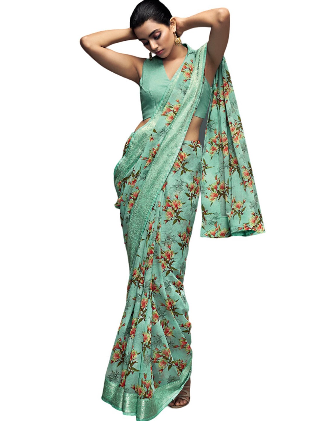 

all about you Sea Green & Red Floral Zari Pure Georgette Saree With Blouse Piece