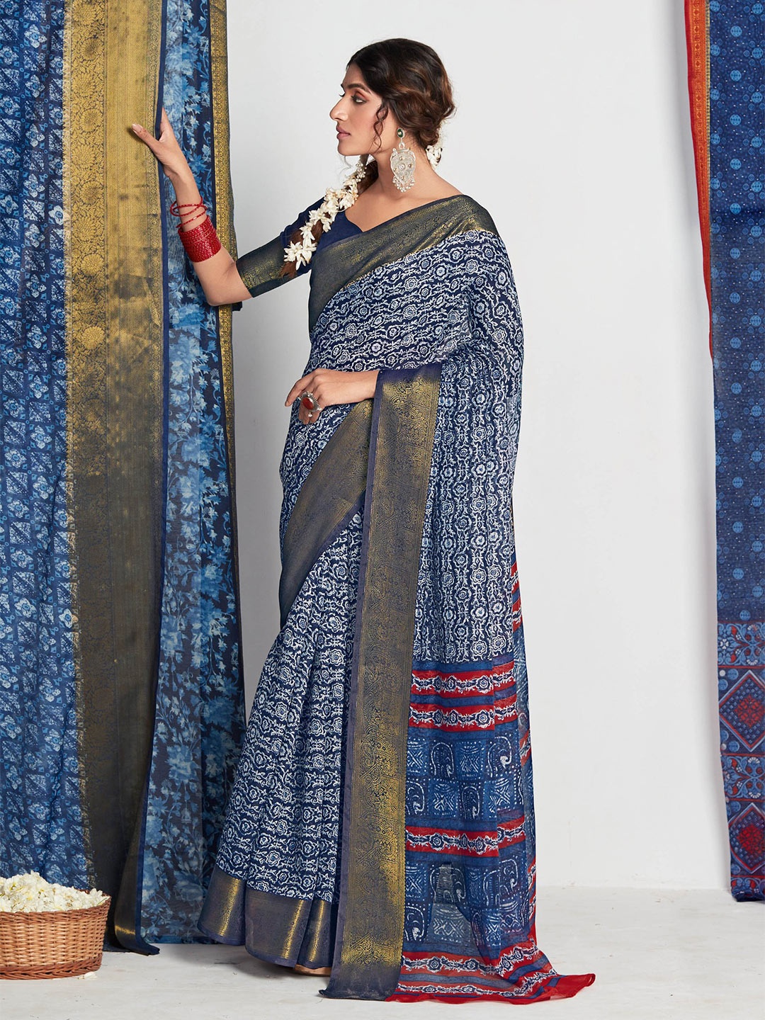 

all about you Blue & White Floral Zari Cotton Blend Saree With Blouse Piece