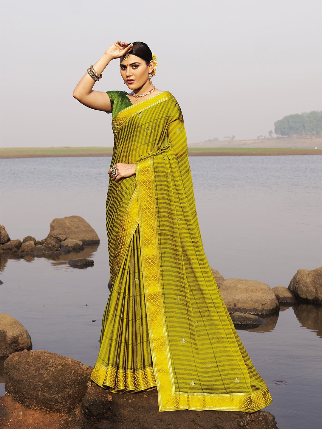 

all about you Mustard & Gold-Toned Striped Zari Pure Chiffon Saree