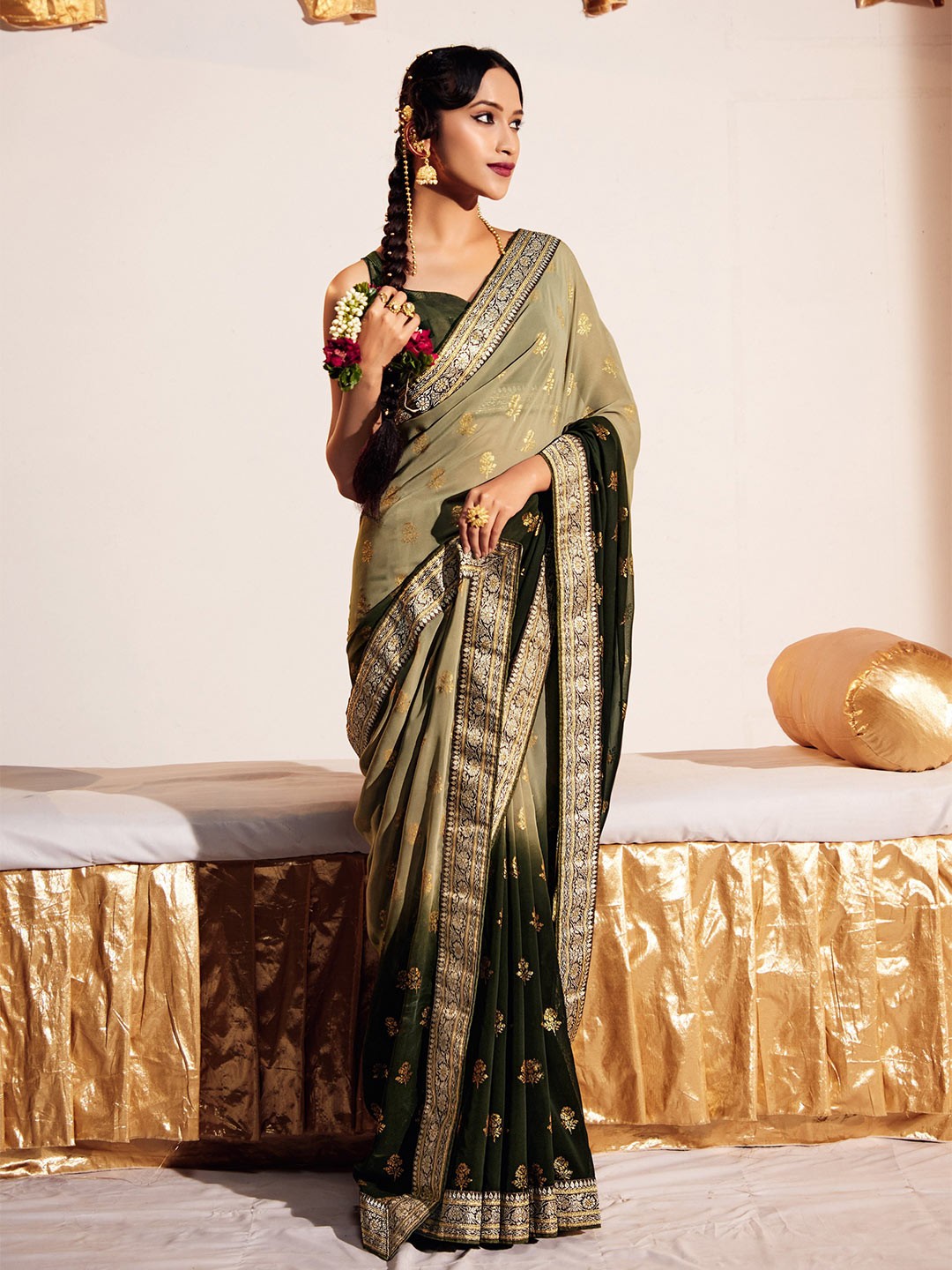 

all about you Olive Green & Gold-Toned Floral Foil Printed Zari Pure Georgette Saree