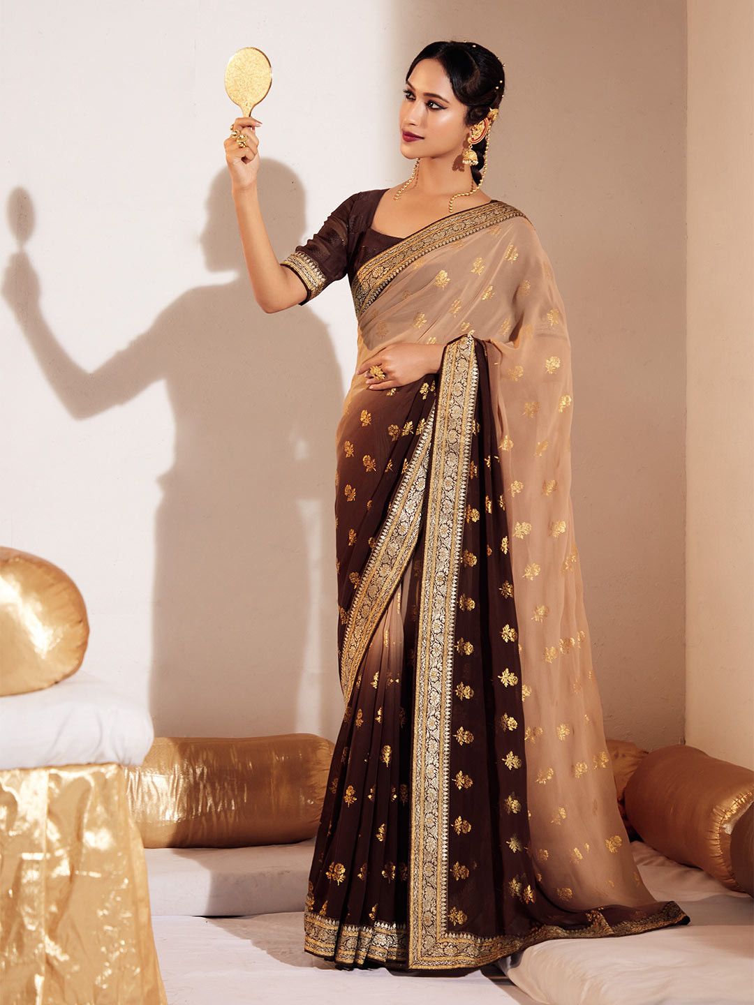 

all about you Cream-Coloured & Brown Floral Printed Zari Pure Georgette Saree