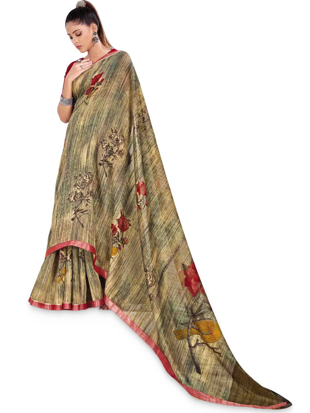 

all about you Olive Green & Red Floral Saree