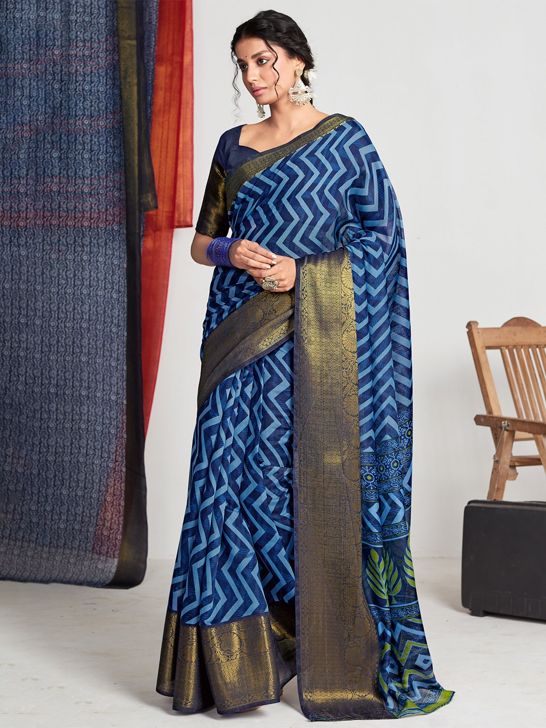 

all about you Blue & Gold Striped Zari Cotton Blend Saree With Blouse Piece