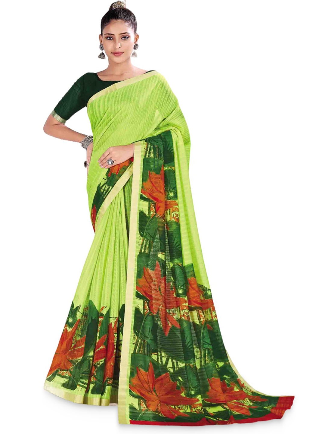 

all about you Lime Green & Orange Floral Printed Zari Saree