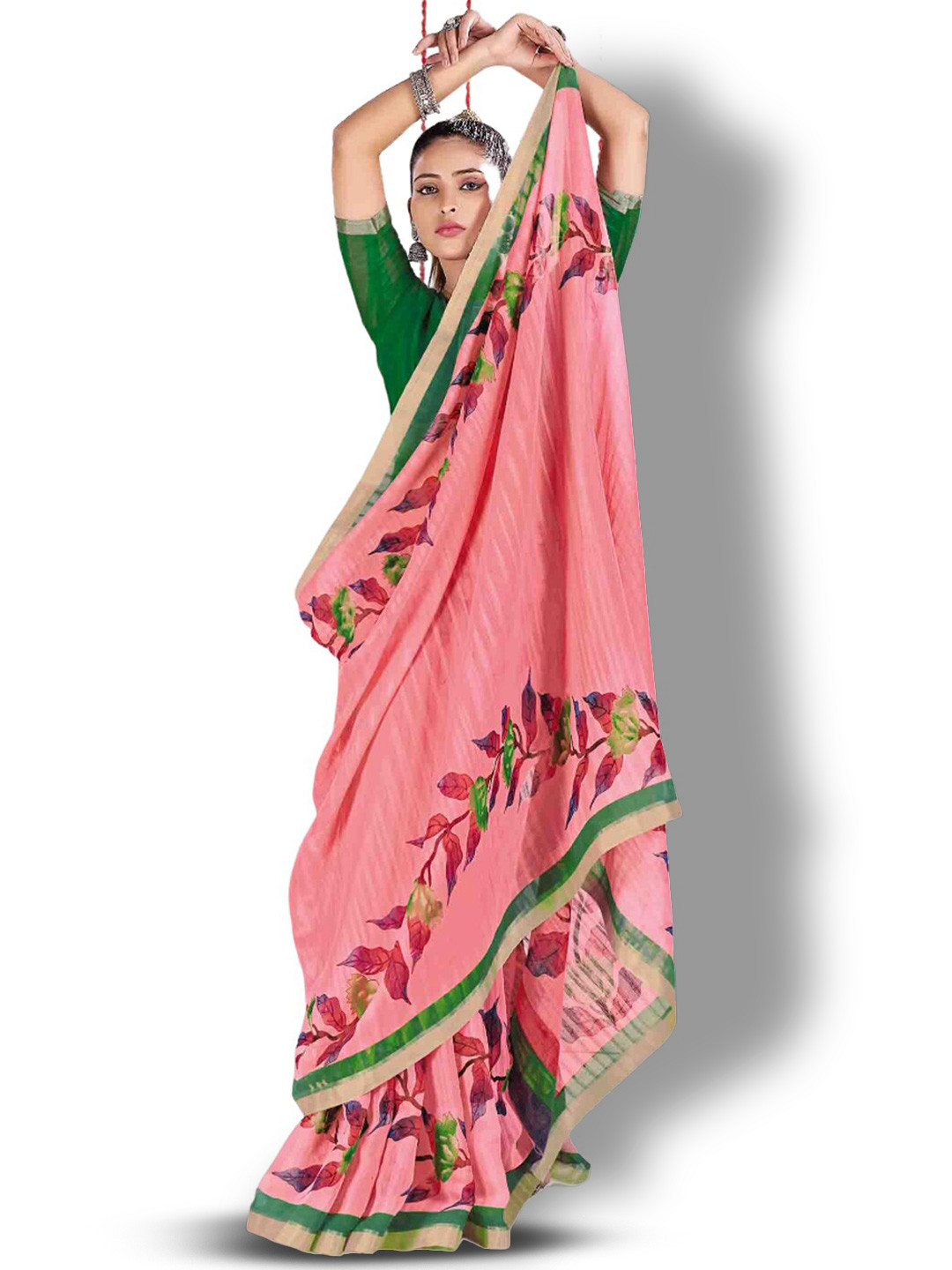 

all about you Pink & Green Floral Cotton Blend Saree With Blouse Piece