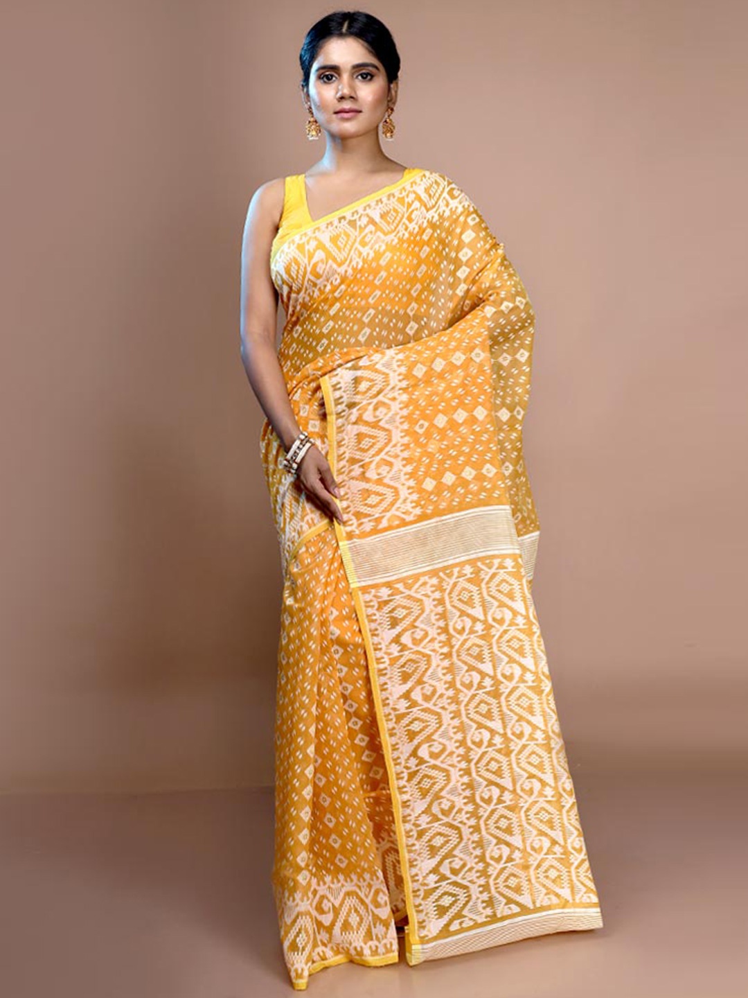 

AllSilks Woven Design Pure Cotton Taant Jamdani Saree, Mustard