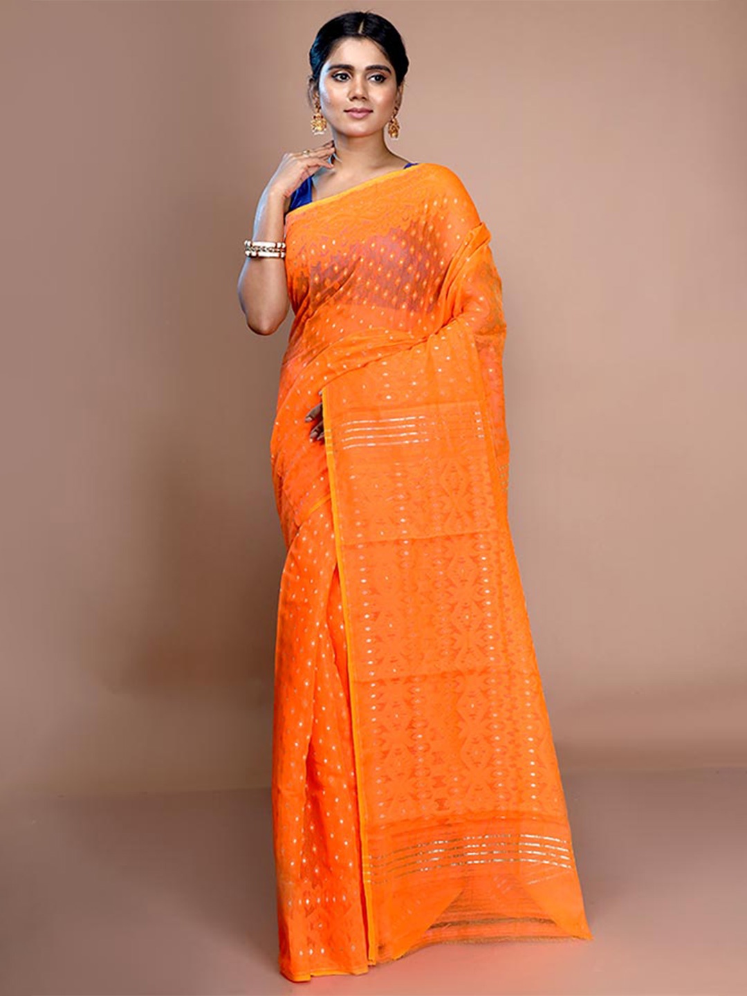 

AllSilks Woven Design Pure Cotton Taant Jamdani Saree, Orange