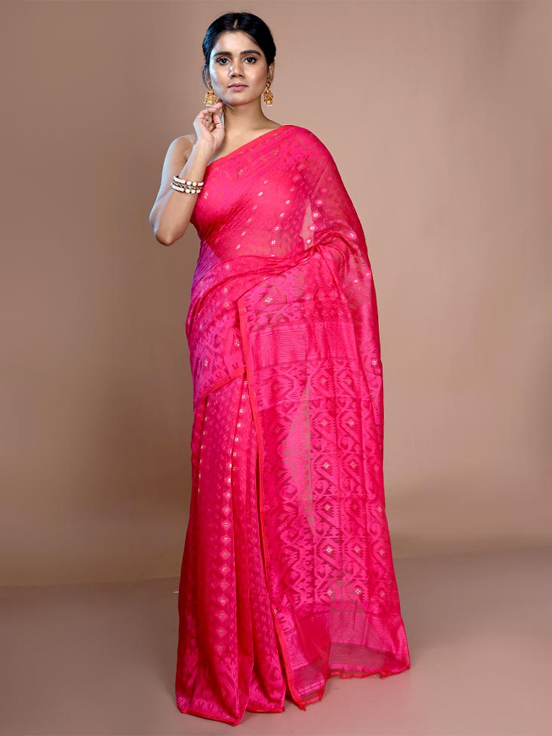 

AllSilks Ethnic Motif Woven Design Pure Cotton Taant Saree, Pink