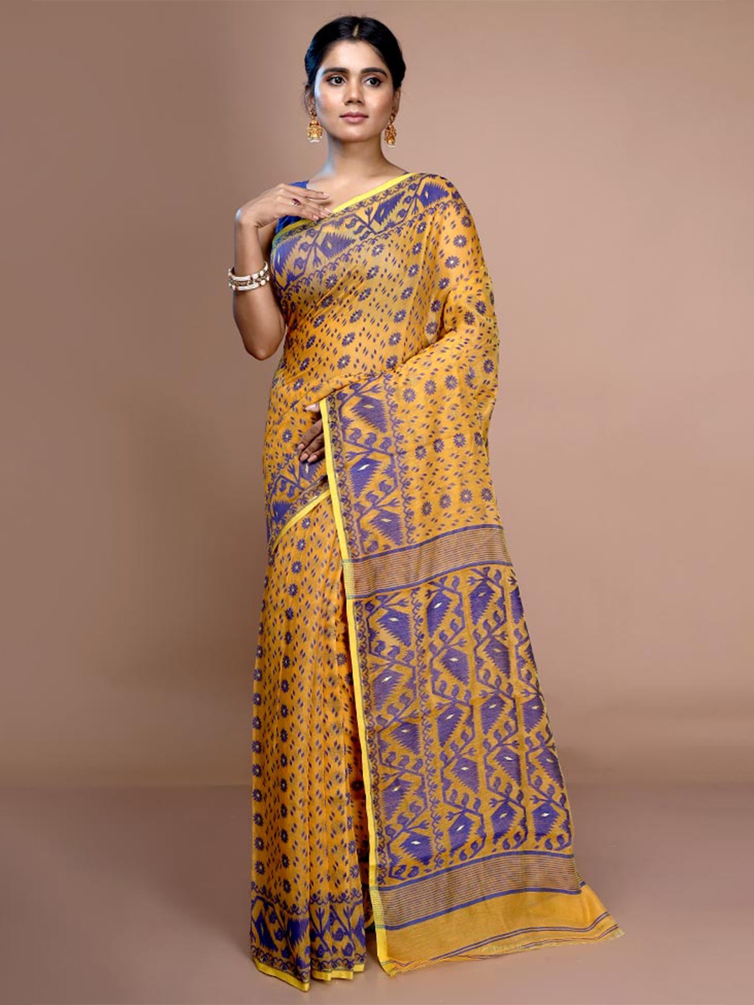 

AllSilks Ethnic Motif Woven Design Pure Cotton Taant Saree, Mustard