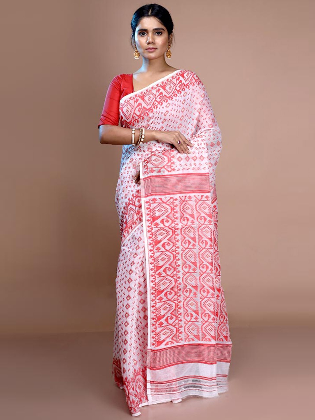 

AllSilks Woven Design Pure Cotton Taant Saree, White