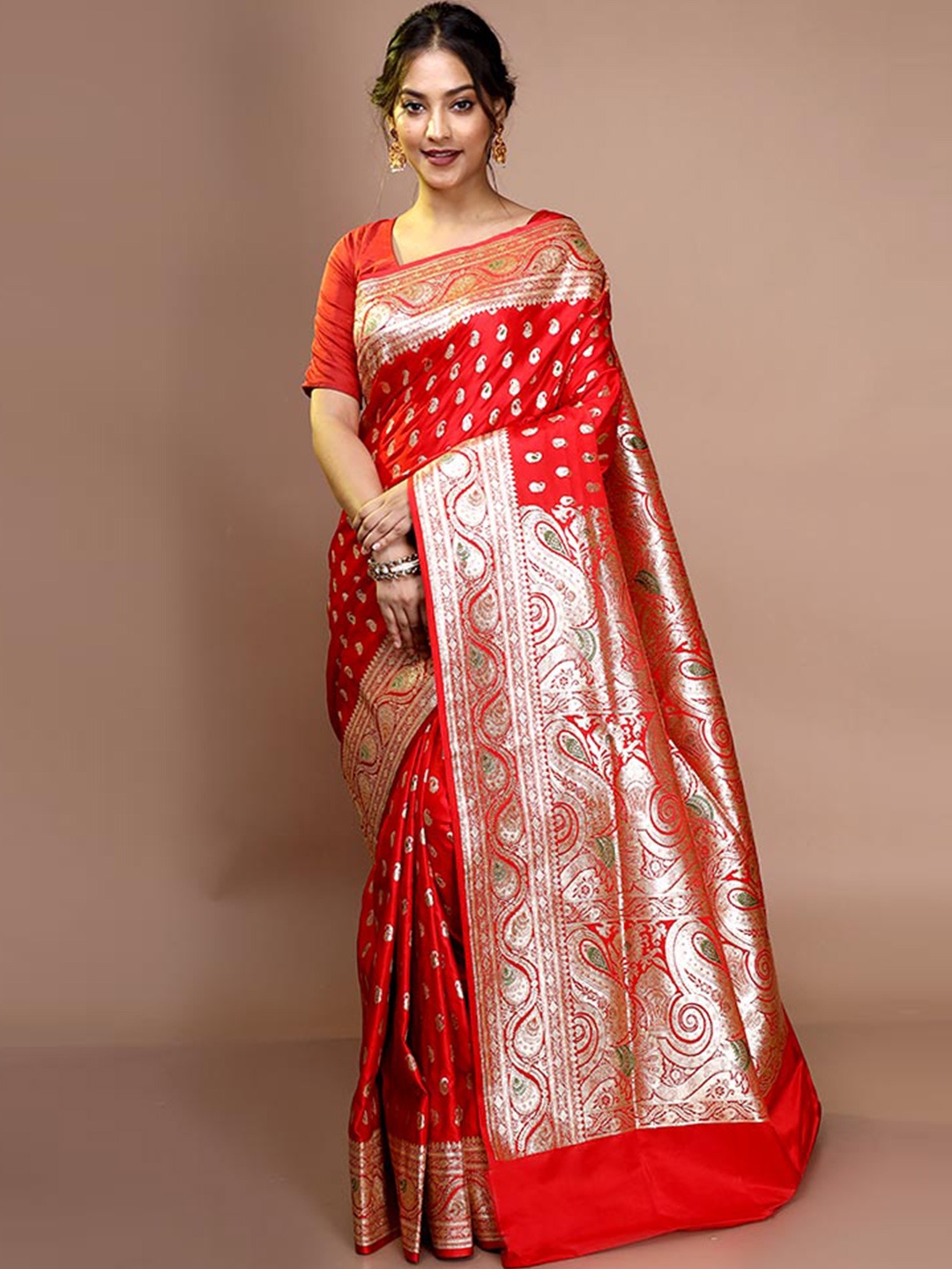 

AllSilks Woven Design Zari Pure Silk Banarasi Saree, Red