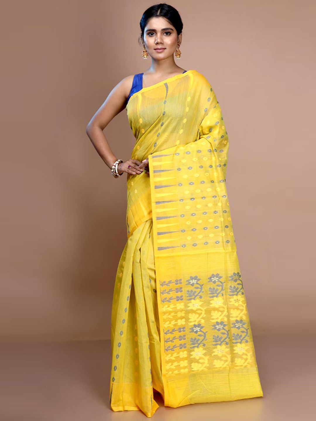 

AllSilks Woven Design Pure Cotton Taant Saree, Yellow