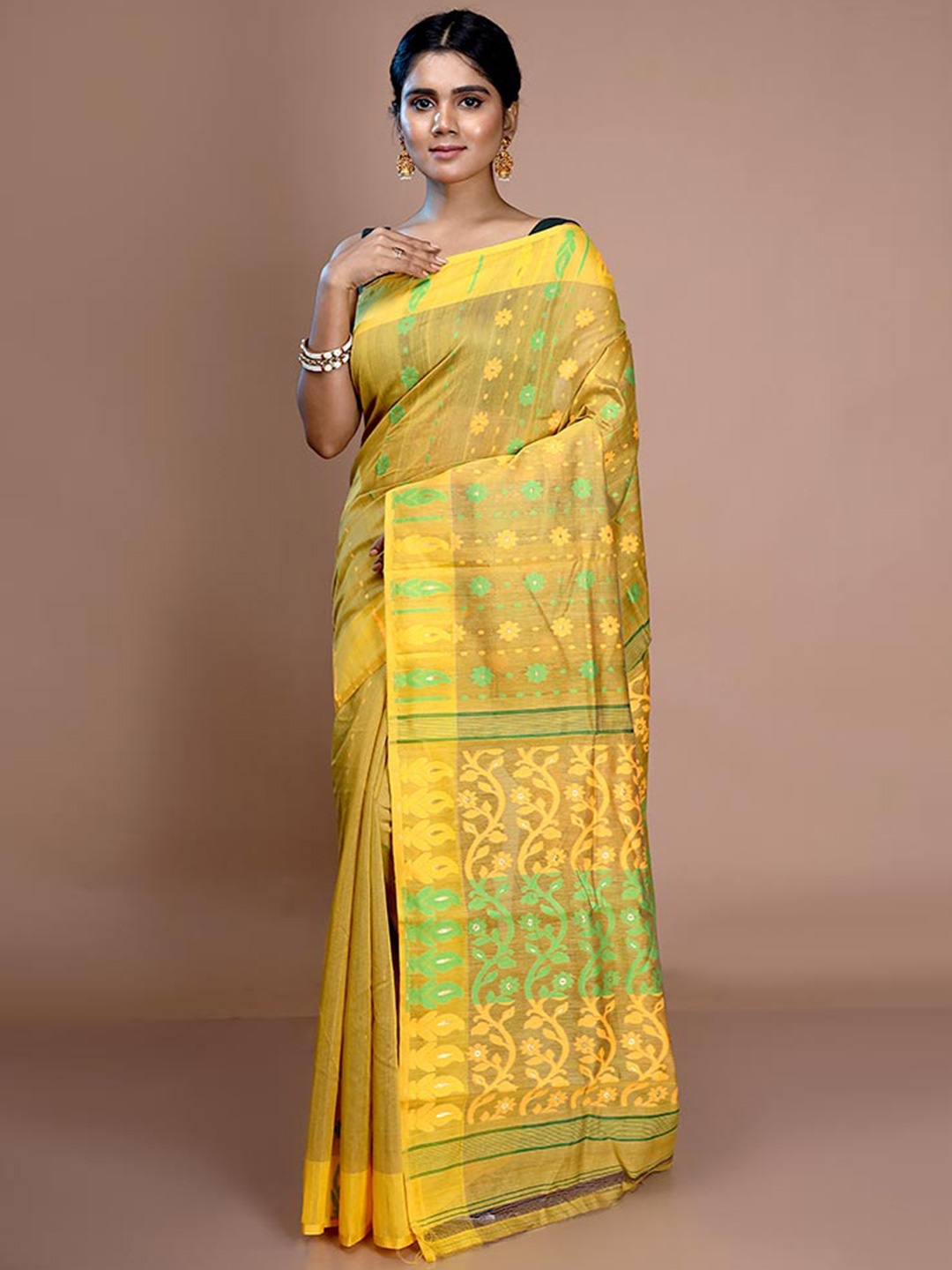 

AllSilks Woven Design Pure Cotton Taant Jamdani Saree, Yellow