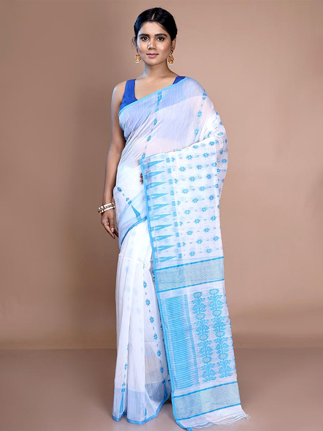 

AllSilks Woven Design Pure Cotton Taant Jamdani Saree, White