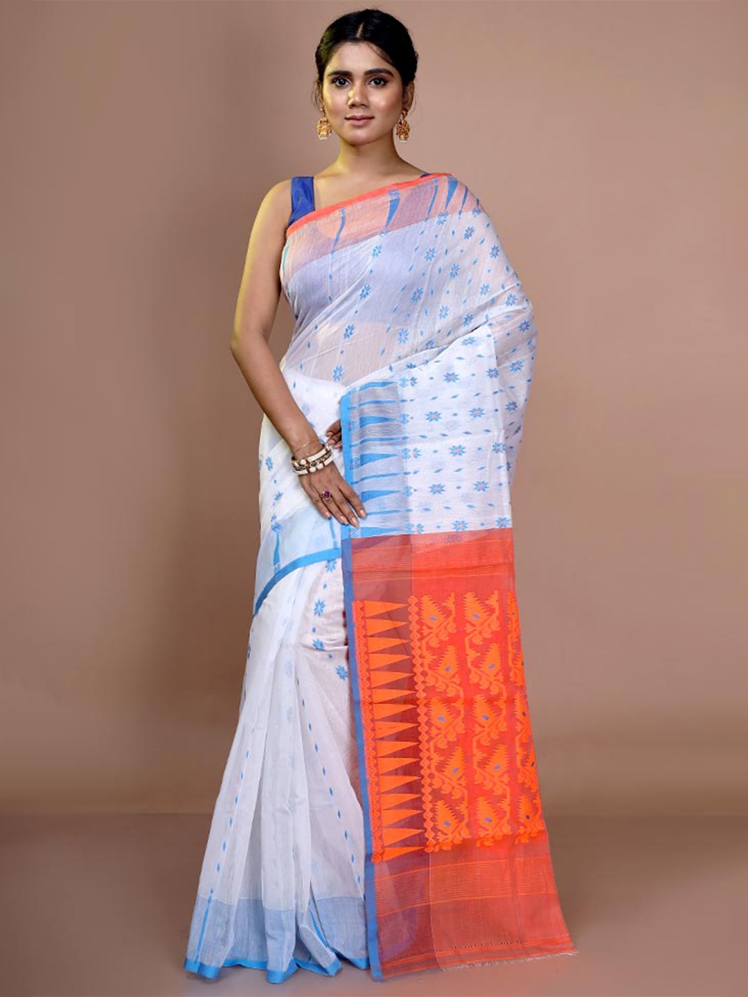 

AllSilks Floral Woven Design Pure Cotton Taant Saree, White