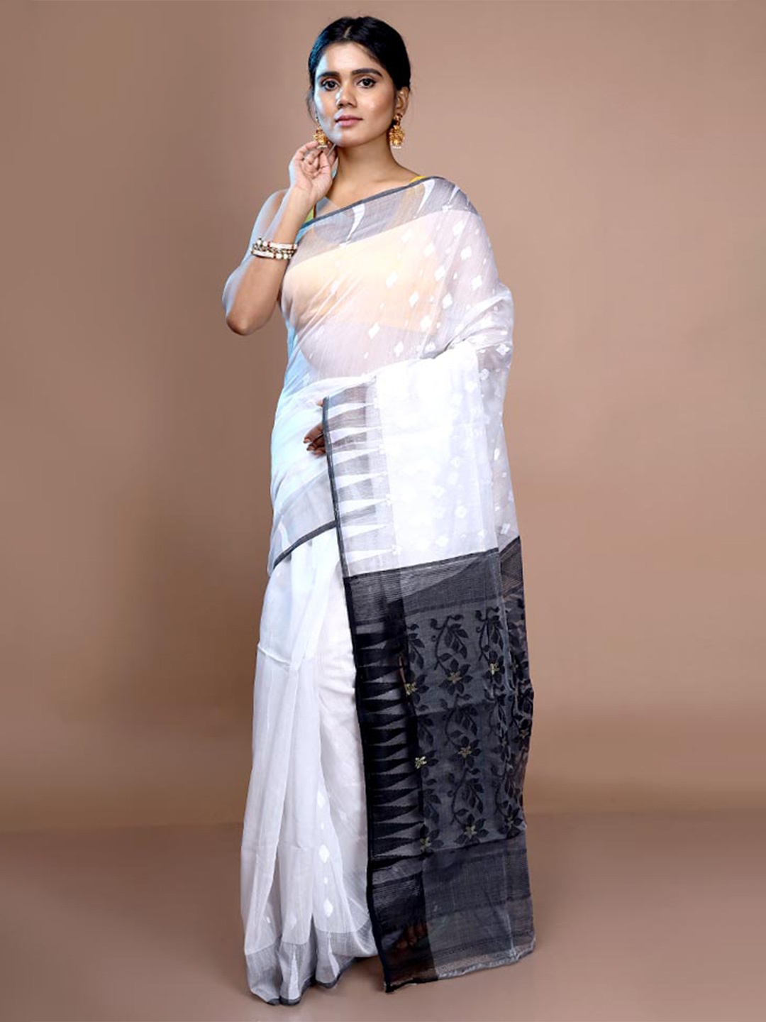 

AllSilks Floral Woven Design Pure Cotton Taant Saree, White
