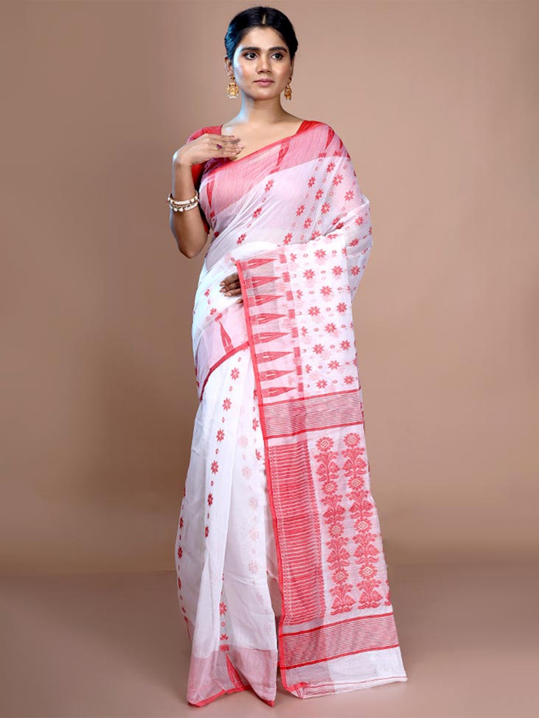 

AllSilks Ethnic Motif Pure Cotton Taant Saree, White