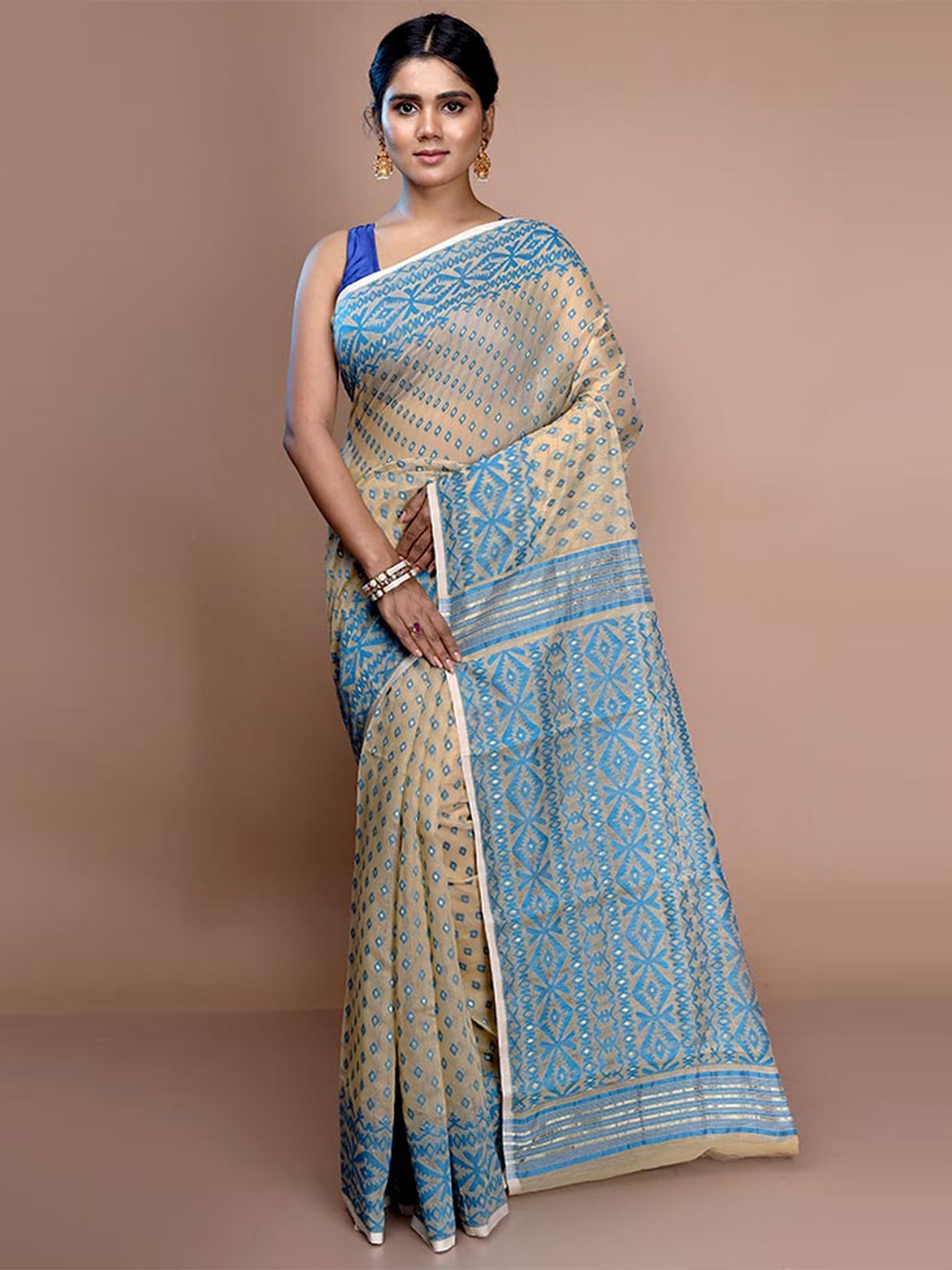 

AllSilks Ethnic Motif Pure Cotton Taant Saree, Cream