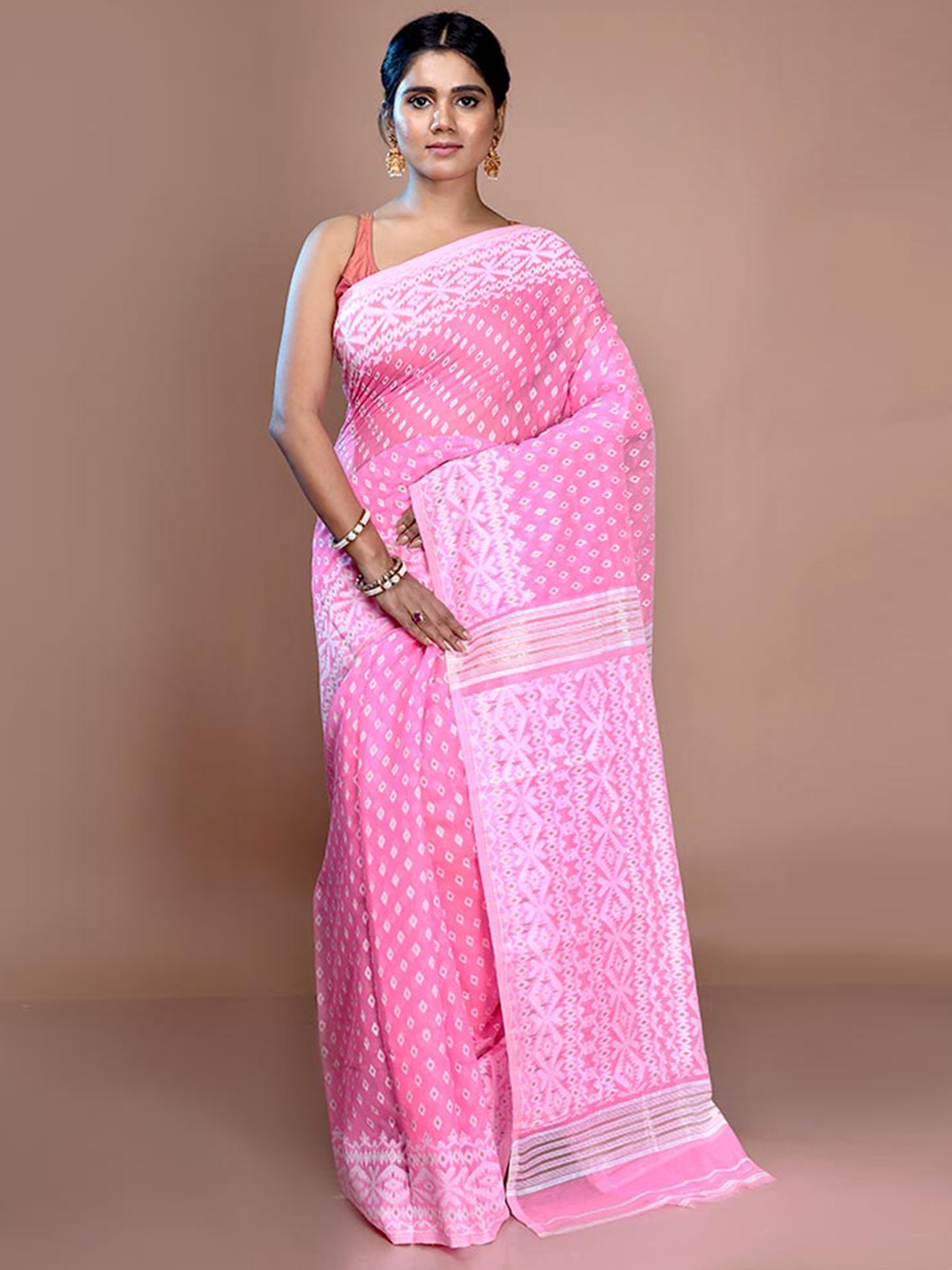 

AllSilks Woven Design Zari Pure Cotton Taant Jamdani Saree, Pink