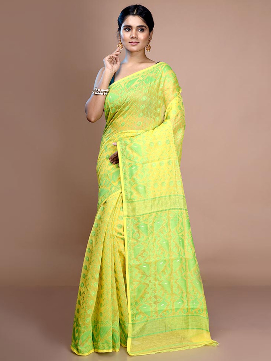 

AllSilks Ethnic Motif Pure Cotton Taant Saree, Yellow