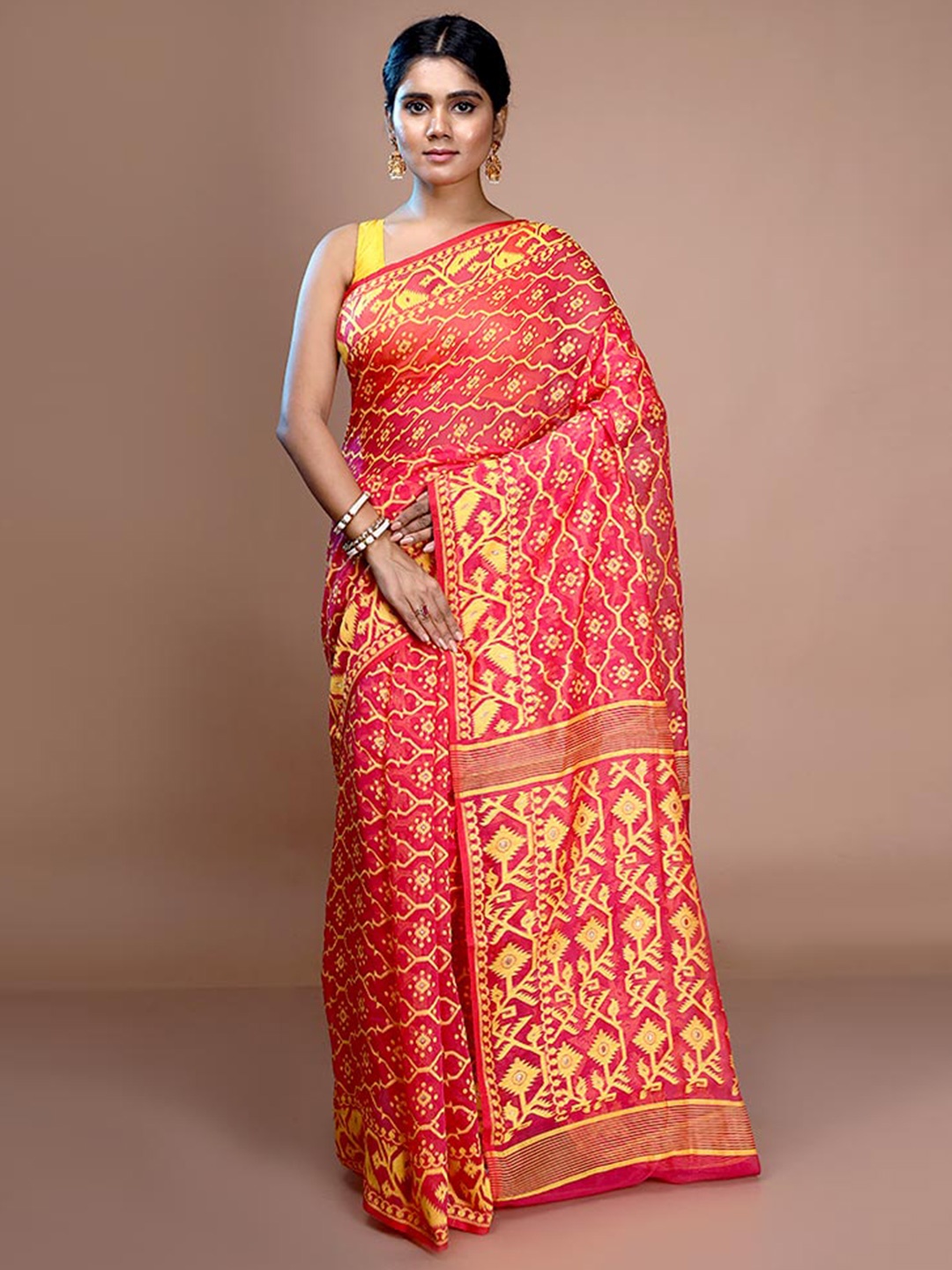 

AllSilks Woven Design Pure Cotton Taant Jamdani Saree, Pink