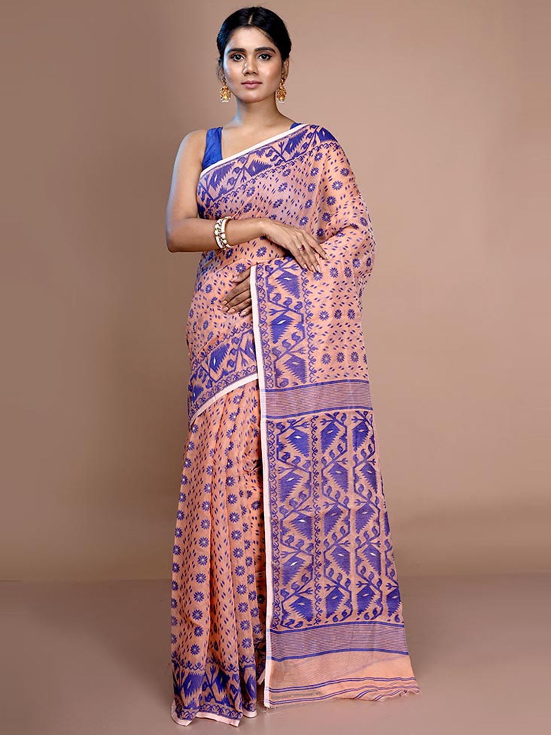 

AllSilks Ethnic Motif Woven Design Pure Cotton Taant Saree, Peach