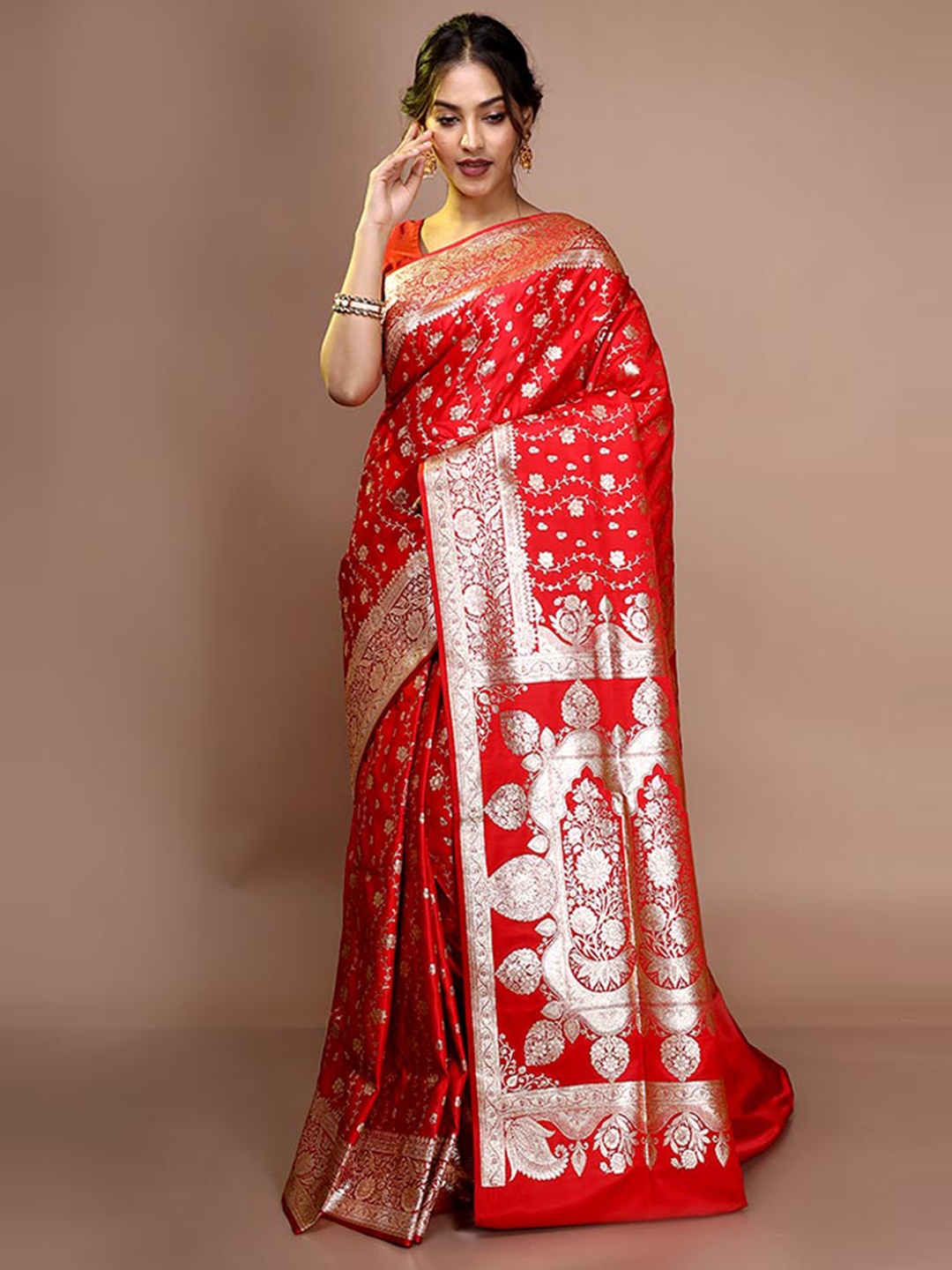 

AllSilks Woven Design Zari Pure Silk Banarasi Saree, Red