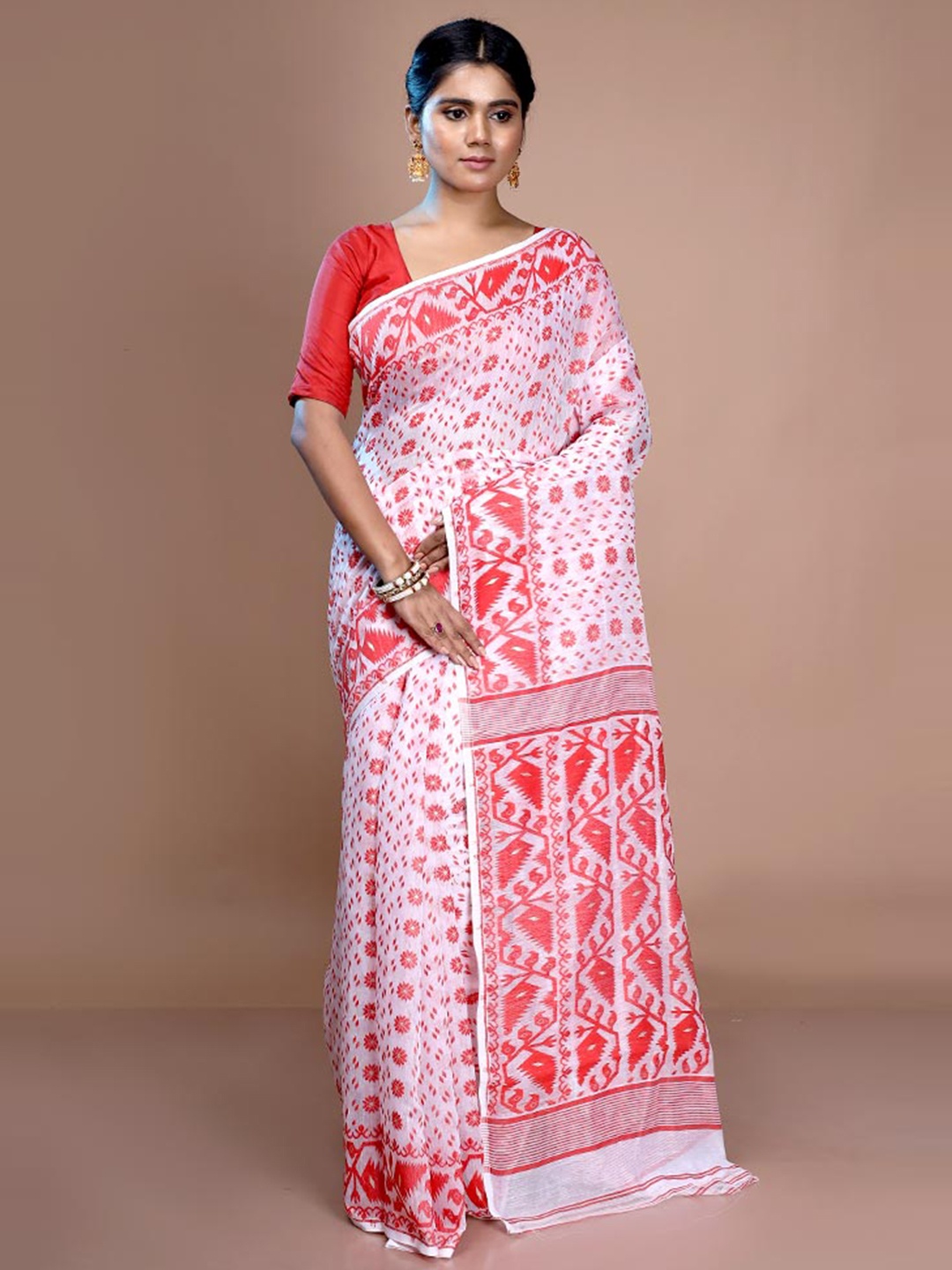 

AllSilks Woven Design Pure Cotton Taant Jamdani Saree, White
