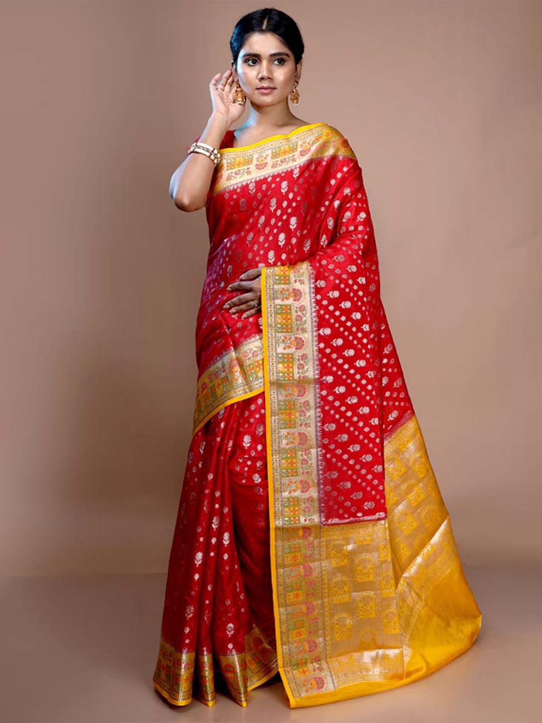 

AllSilks Ethnic Motif Zari Silk Blend Saree With Blouse Piece, Red