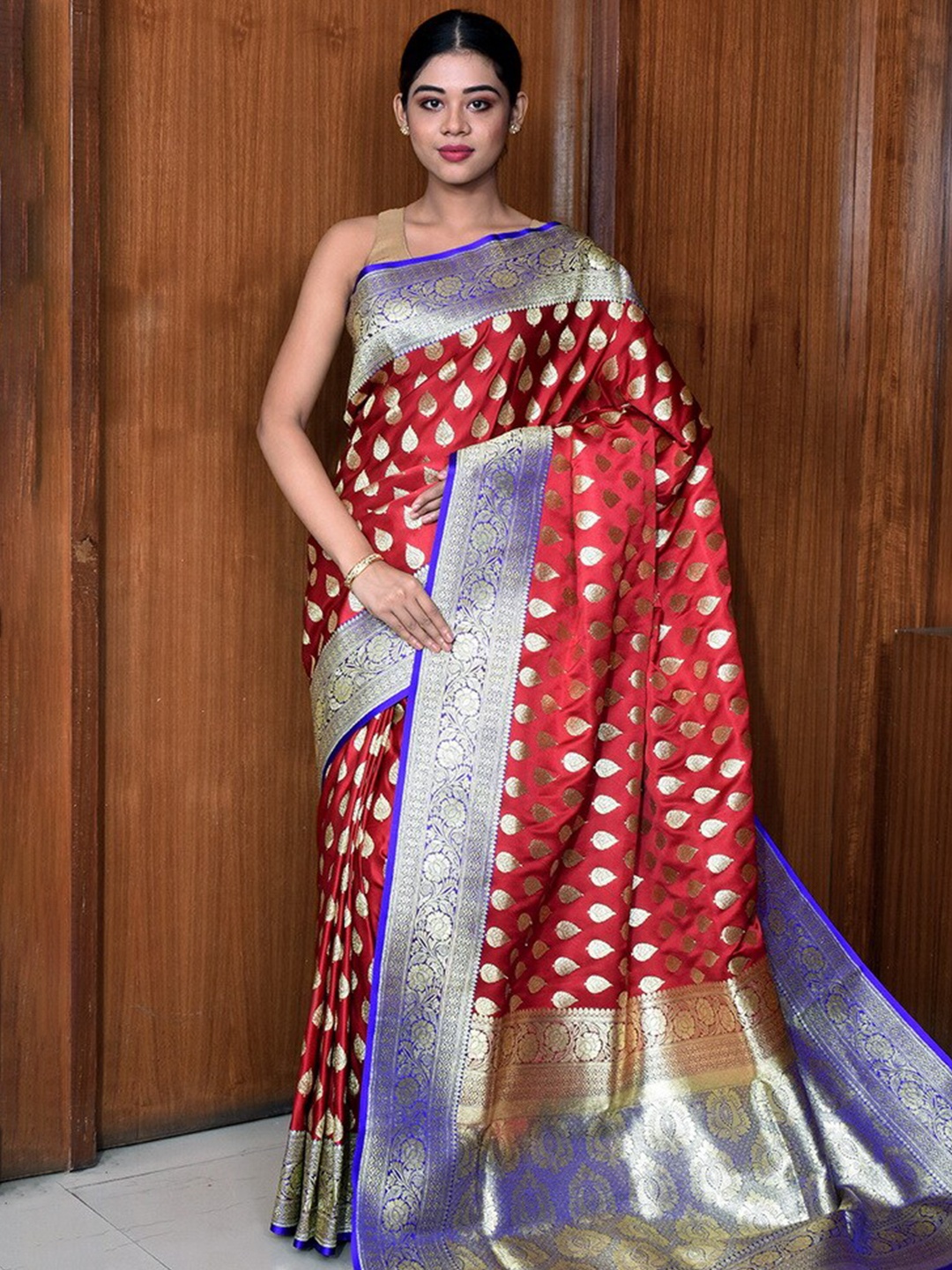

AllSilks Maroon & Blue Ethnic Motif Woven Design Zari Pure Silk Banarasi Saree