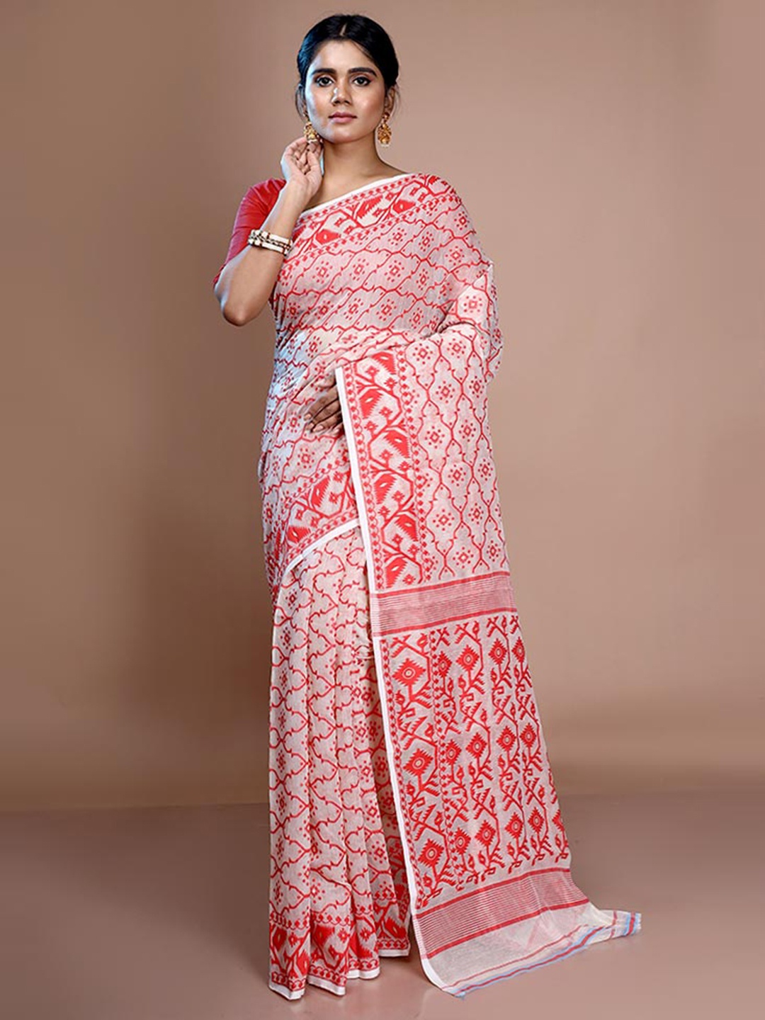 

AllSilks Ethnic Motif Woven Design Pure Cotton Taant Saree, White