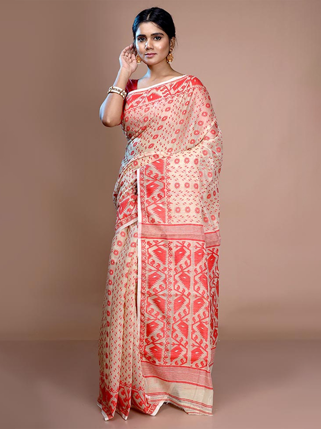 

AllSilks Woven Design Pure Cotton Taant Jamdani Saree, Beige