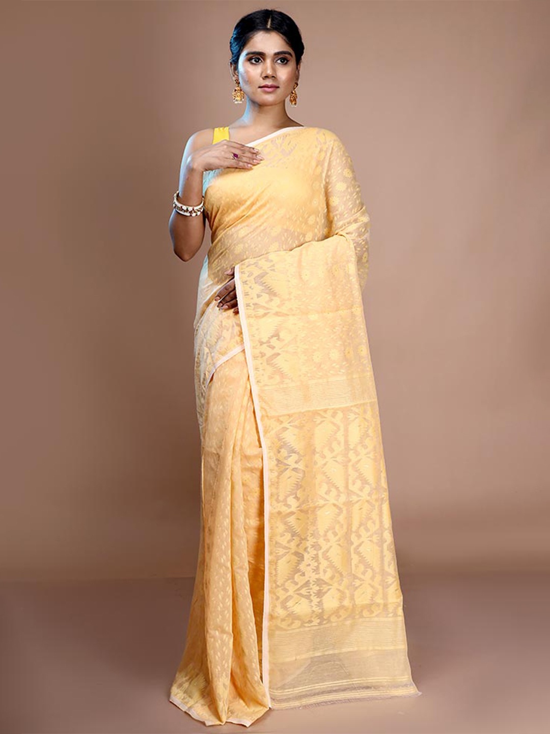 

AllSilks Woven Design Pure Cotton Taant Jamdani Saree, Orange