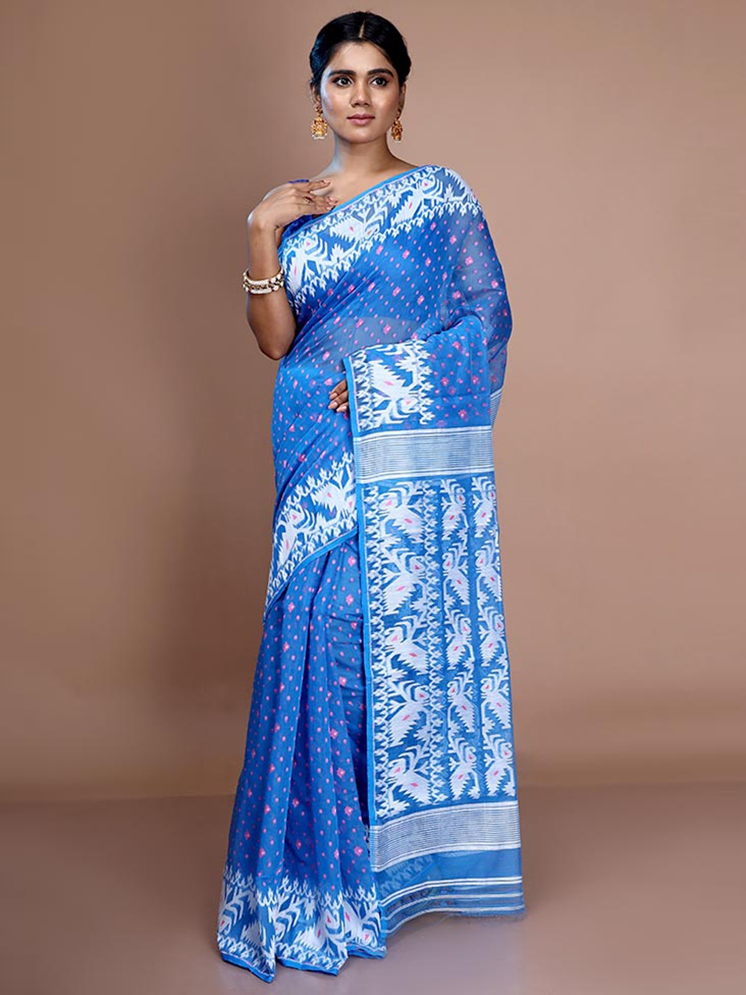

AllSilks Ethnic Motif Woven Design Pure Cotton Taant Saree, Blue