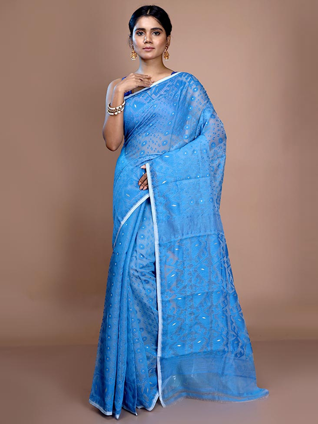 

AllSilks Ethnic Motif Woven Design Pure Cotton Taant Saree, Blue