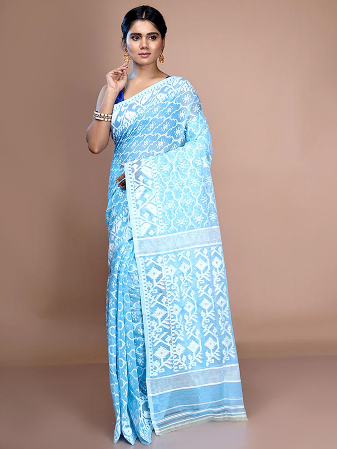 

AllSilks Ethnic Motif Woven Design Pure Cotton Taant Saree, Blue