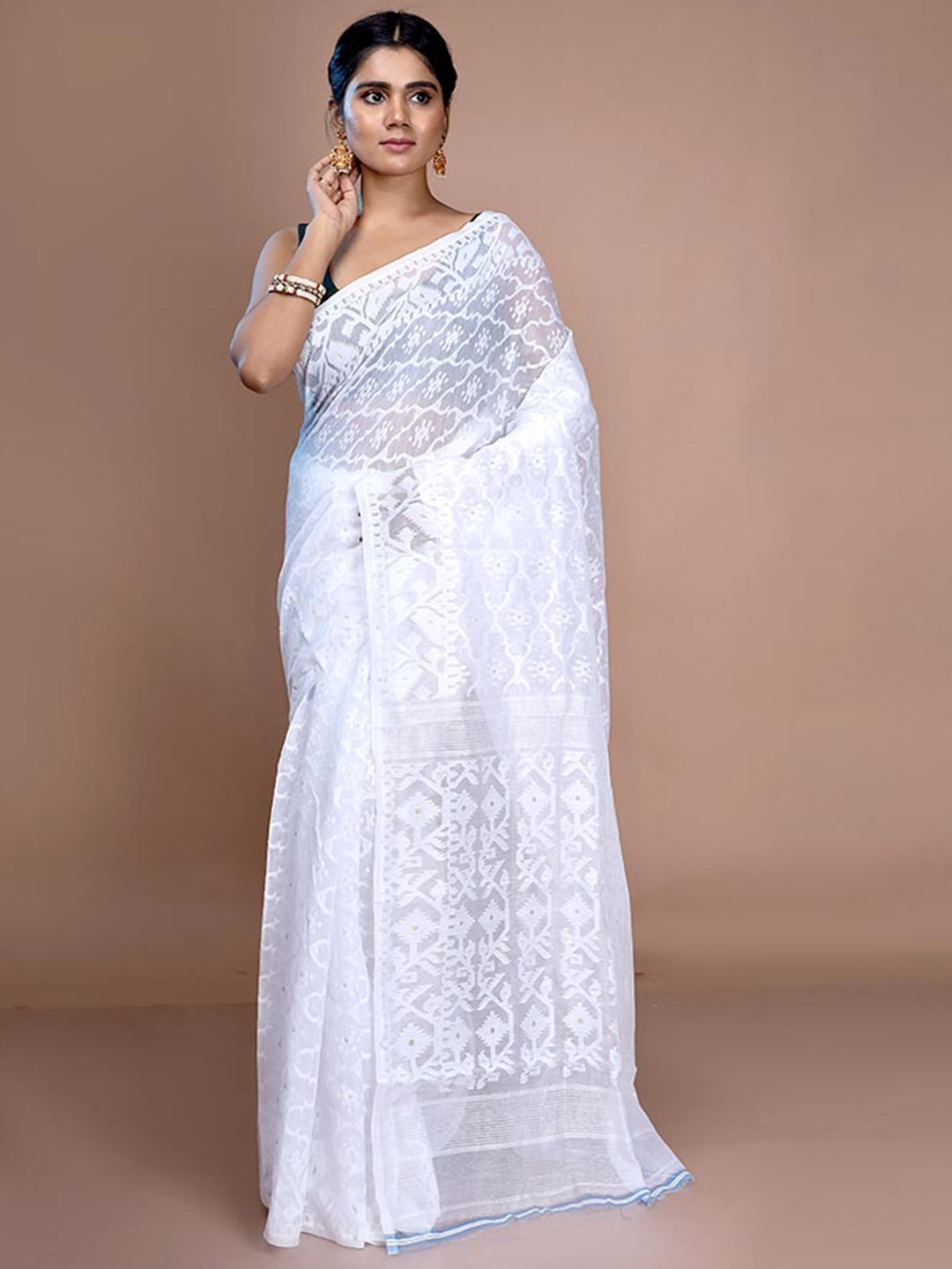 

AllSilks Woven Design Pure Cotton Taant Jamdani Saree, White