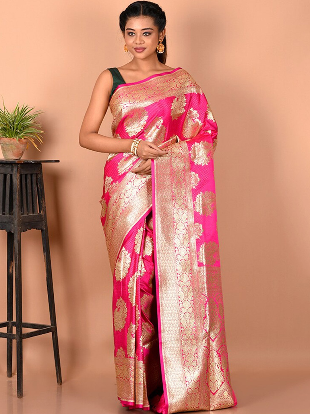 

AllSilks Ethnic Motif Zari Pure Silk Banarasi Saree With Blouse Piece, Pink