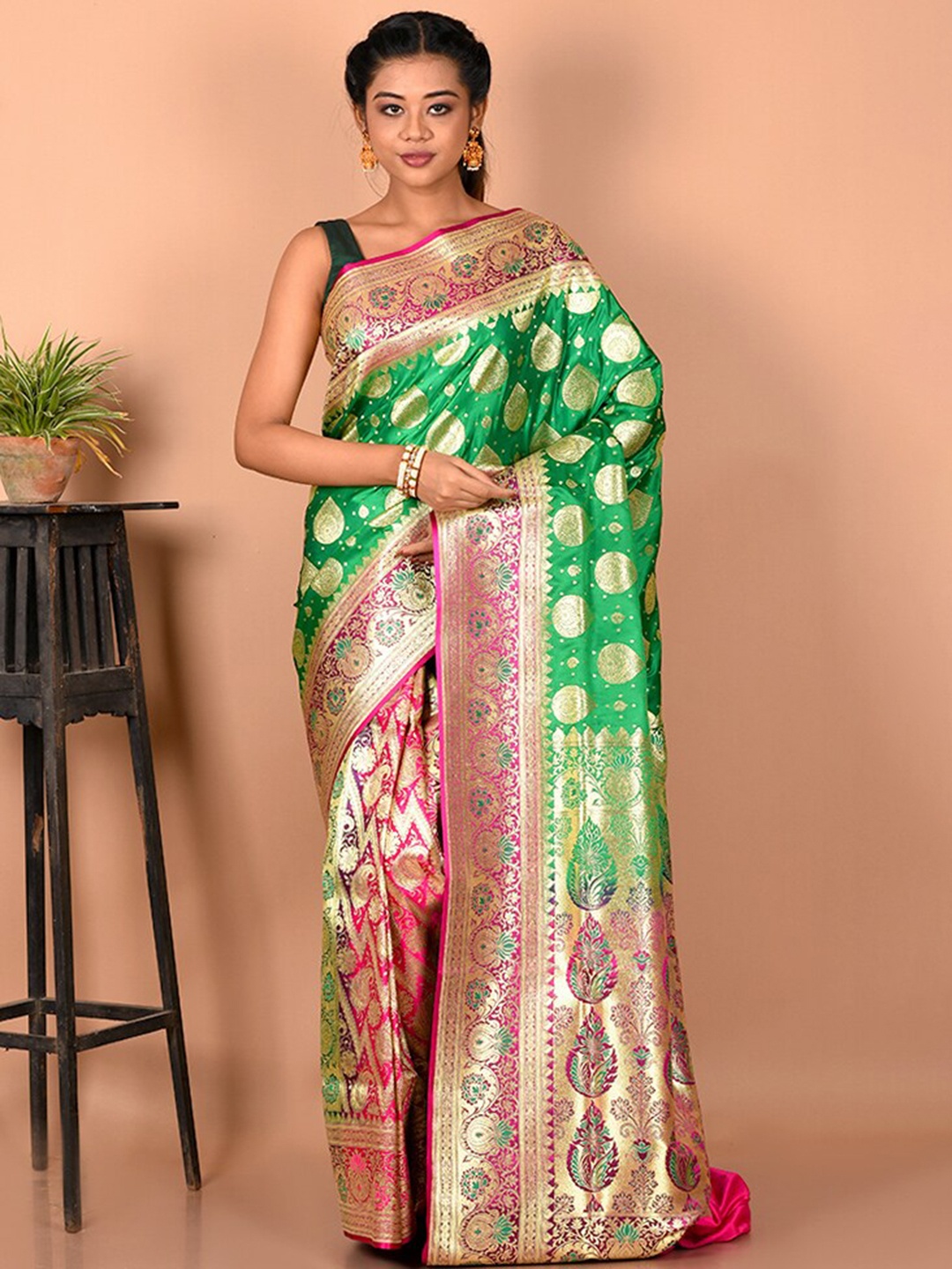 

AllSilks Ethnic Motif Woven Design Zari Pure Silk Banarasi Saree, Green