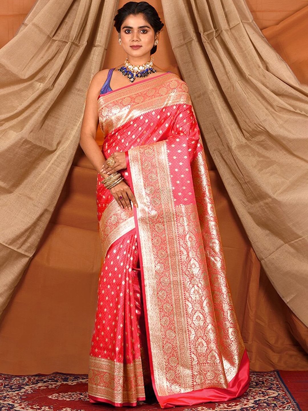 

AllSilks Ethnic Motif Zari Pure Silk Banarasi Saree With Blouse Piece, Pink